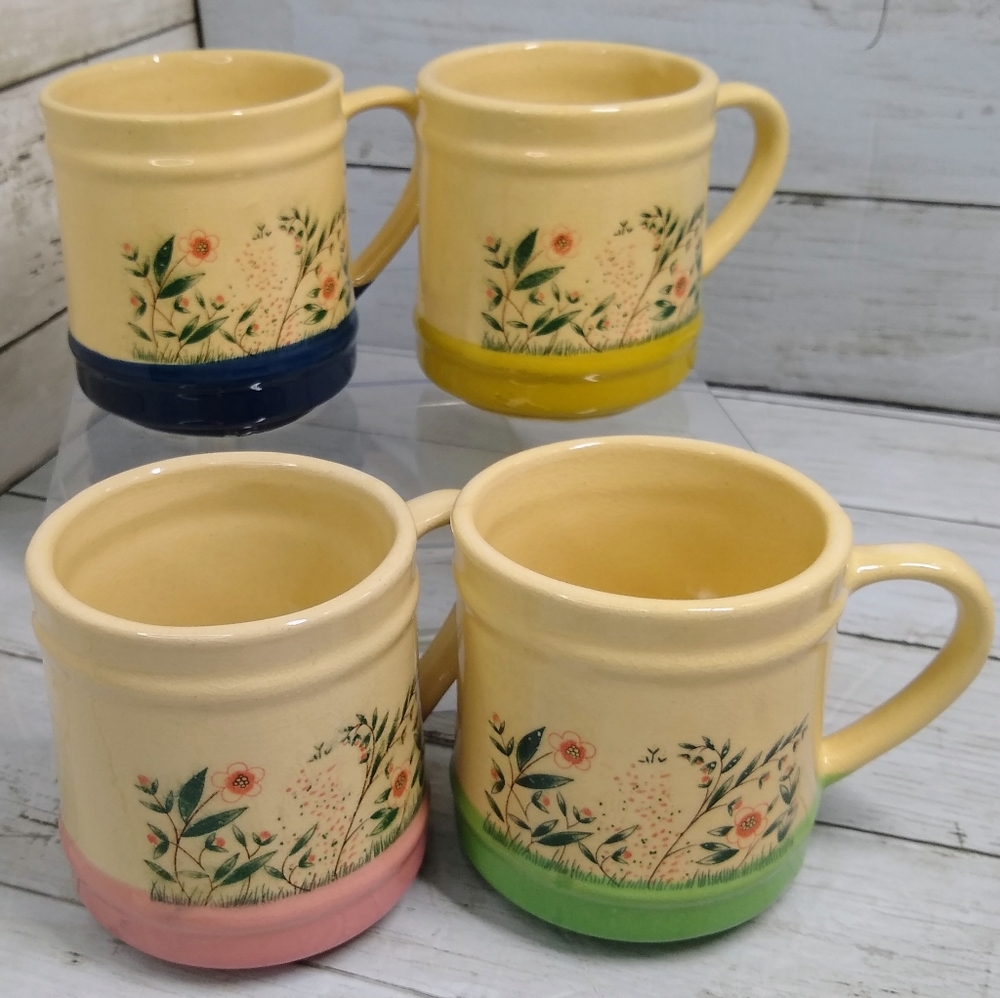 Vtg Taiwan 70s-80s 12oz Floral Stoneware Coffee Mugs Movie MCM Prop